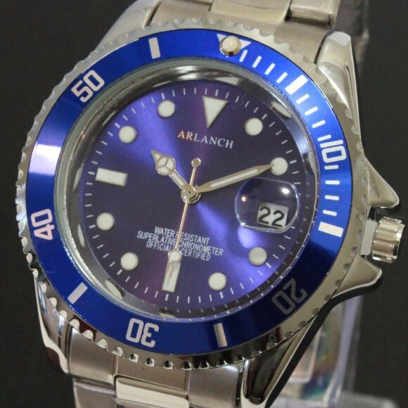 Men's Diver Style Watch Blue Uni-directional Bezel Stainless Bracelet 40mm - Picture 10 of 14
